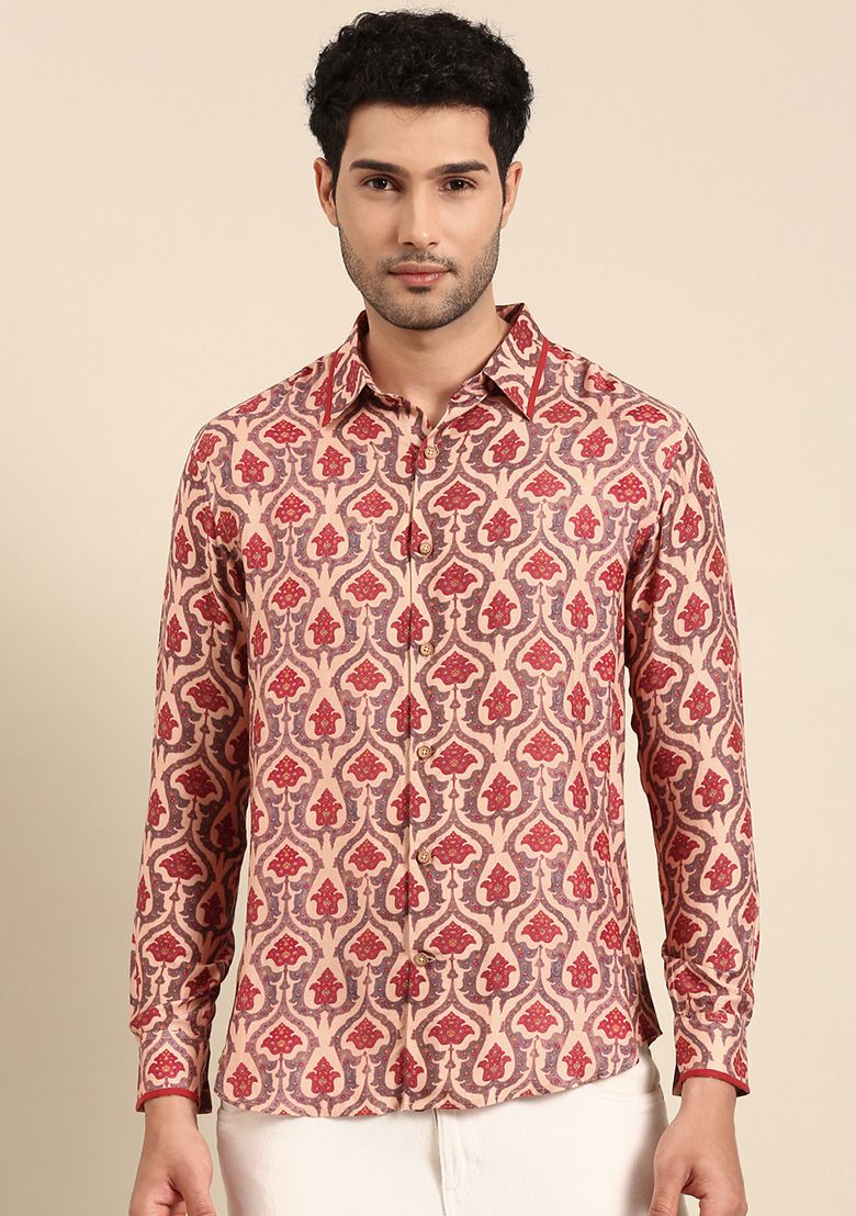 Peach Printed Muslin Shirt For Men