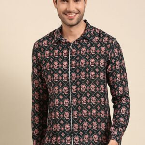 Dark Blue Printed Muslin Shirt For Men