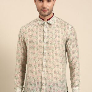 Cream And Beige Printed Muslin Shirt For Men - Image 1
