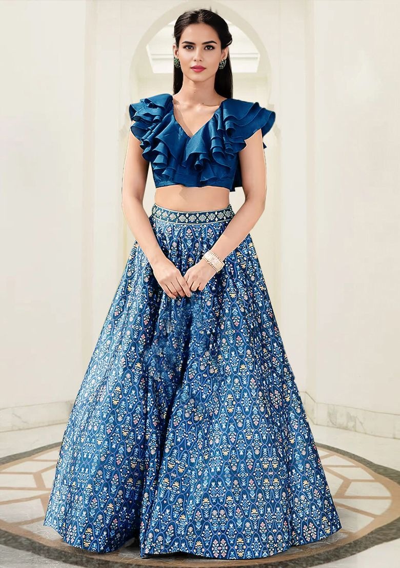 Blue Lehenga Set With Hand Embroidered Blouse