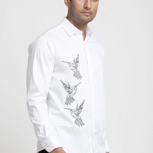 White Aurora Bird Embroidered Shirt For Men