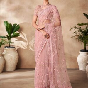 Peach Sequin Thread Embroidered Net Saree Set - Image 1