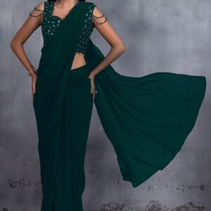 Deep Green Stone Work Chinon Saree Set - Image 1