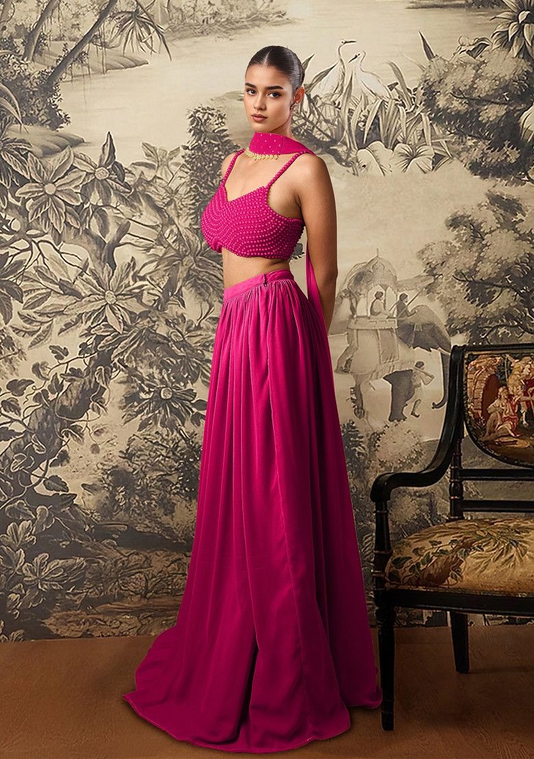 Pink Lehenga Set With Hand Embroidered Blouse And Dupatta