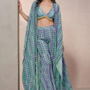 Blue Jacket Set With Hand Embroidered Blouse And Palazzo