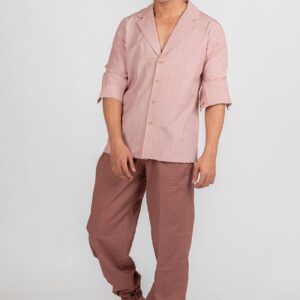 Rose Pink Solid Sandstone Box Pleat Pajama For Men - Image 3
