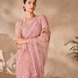 Peach Sequin Thread Embroidered Net Saree Set - Image 2