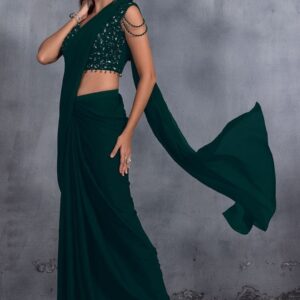 Deep Green Stone Work Chinon Saree Set - Image 2
