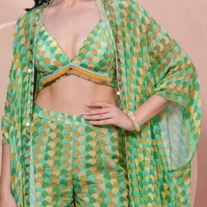Green Jacket Set With Hand Embroidered Blouse And Palazzo - Image 3