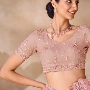 Peach Sequin Thread Embroidered Net Saree Set - Image 3