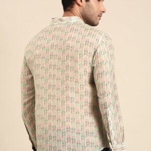 Cream And Beige Printed Muslin Shirt For Men - Image 2