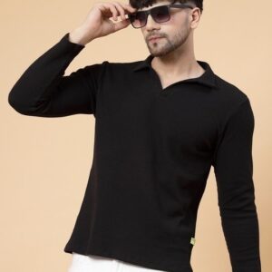 Rigo Men's Black Waffle Knitted Polo T-Shirt
