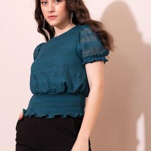 Teal Blue Smocked Waist Lace Crop Top