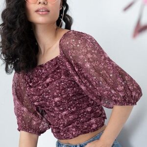 Wine Floral Ruched Crop Top | Women Fashion