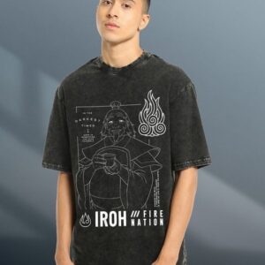 Men's Black Uncle Iroh Graphic Printed  Acid Wash T-shirt