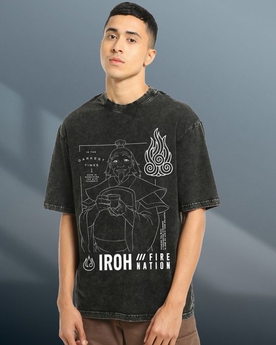 Men's Black Uncle Iroh Graphic Printed  Acid Wash T-shirt