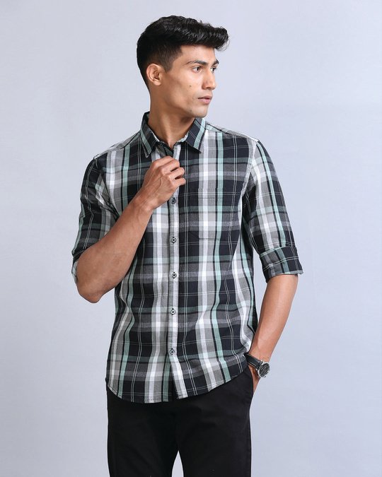 Men's Black & White Corduroy Checked Slim Fit Shirt