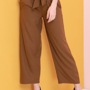 Tan Belted High Waist Paperbag Straight Trousers