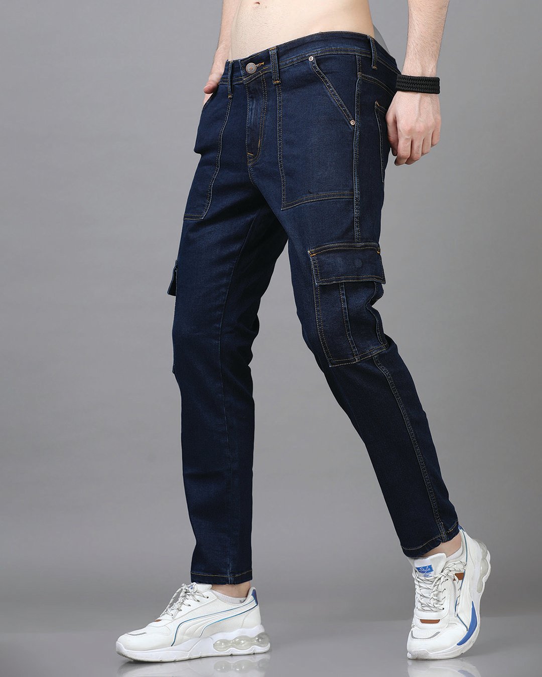 Men's Mid Blue Slim Fit Cargo Jeans