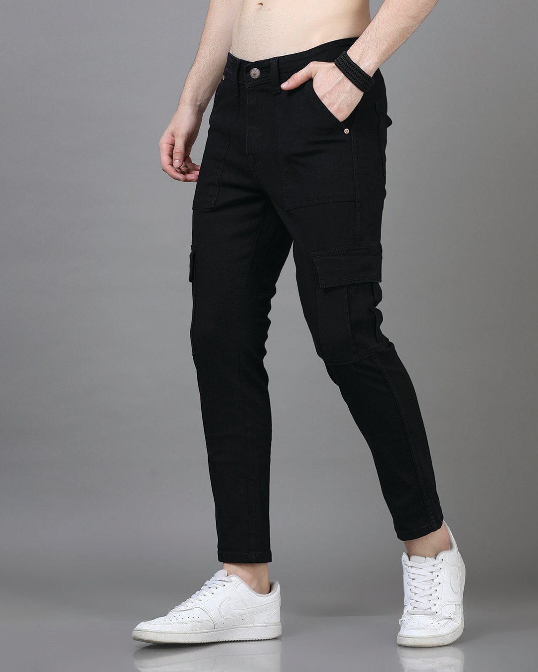 Men's Jet Black Slim Fit Cargo Jeans