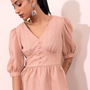 Peach Striped Puff Sleeve Peplum Blouse