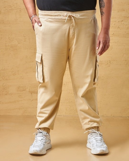 Men's Beige Oversized Plus Size Cargo Jogger Pants