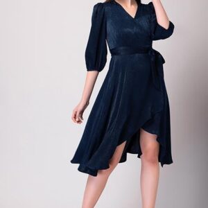 Navy Blue Satin Midi Dress With Belt