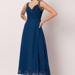Blue Gathered Embellished Strap Maxi Dress