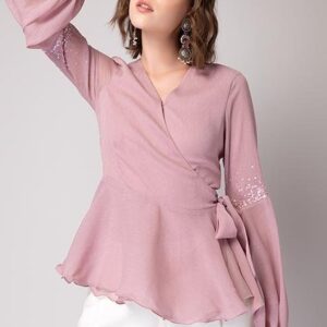 Light Pink Embellished Sleeve Wrap Top