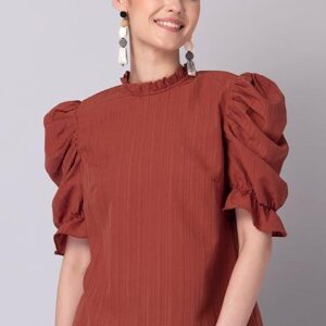 Rust Frilled Neck Puff Sleeve Blouse