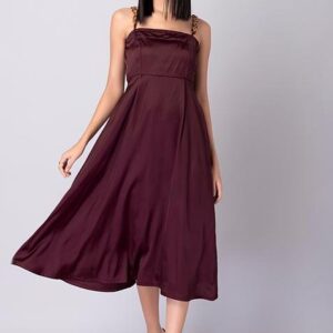 Maroon Satin Chain Strap Midi Dress