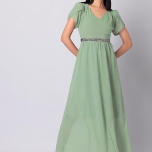Green Tulip Sleeve Maxi Dress With Embellished Belt