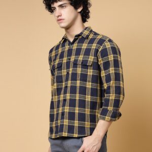 Men's Navy Blue & Yellow Flannel Checked Oversized Shacket