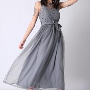 Grey Mesh Embellished Belted Maxi Dress