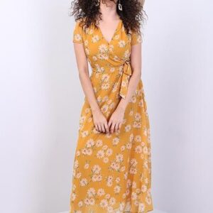 Mustard Floral Wrap Self Fabric Dress