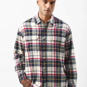 Men's Beige & Blue Checked Oversized Shirt