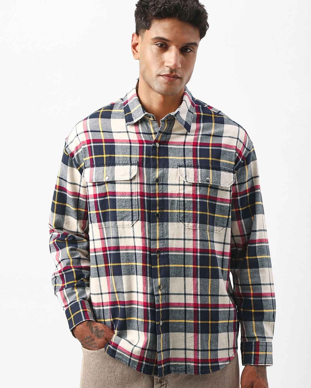 Men's Beige & Blue Checked Oversized Shirt