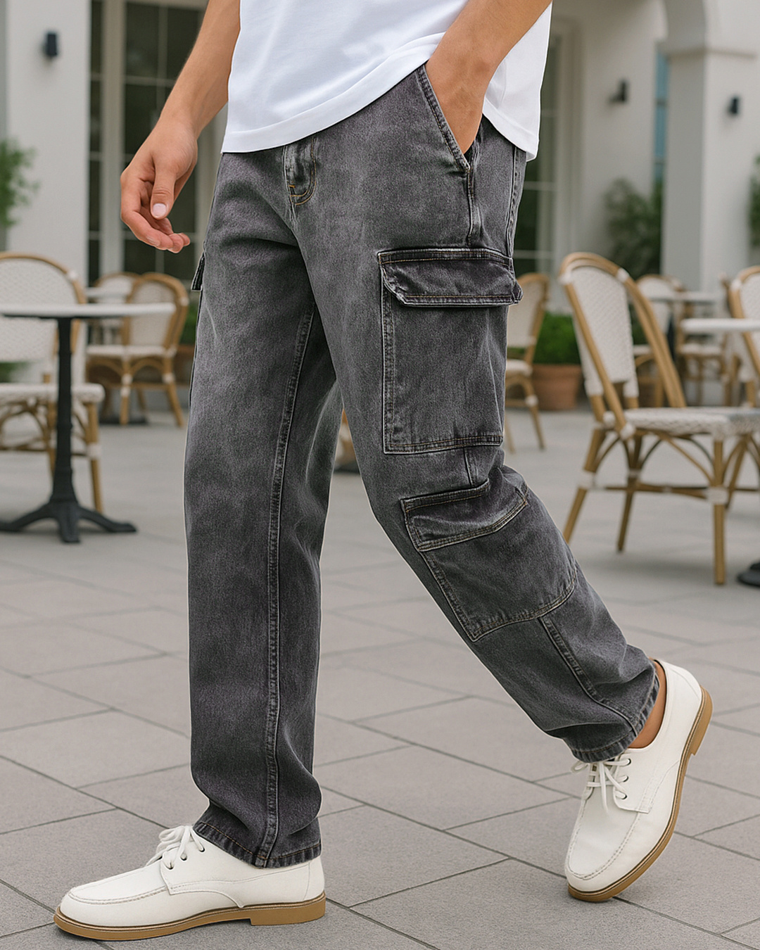 Buy Men's Grey Baggy Fit Washed Cargo Mid-Rise Jeans Online