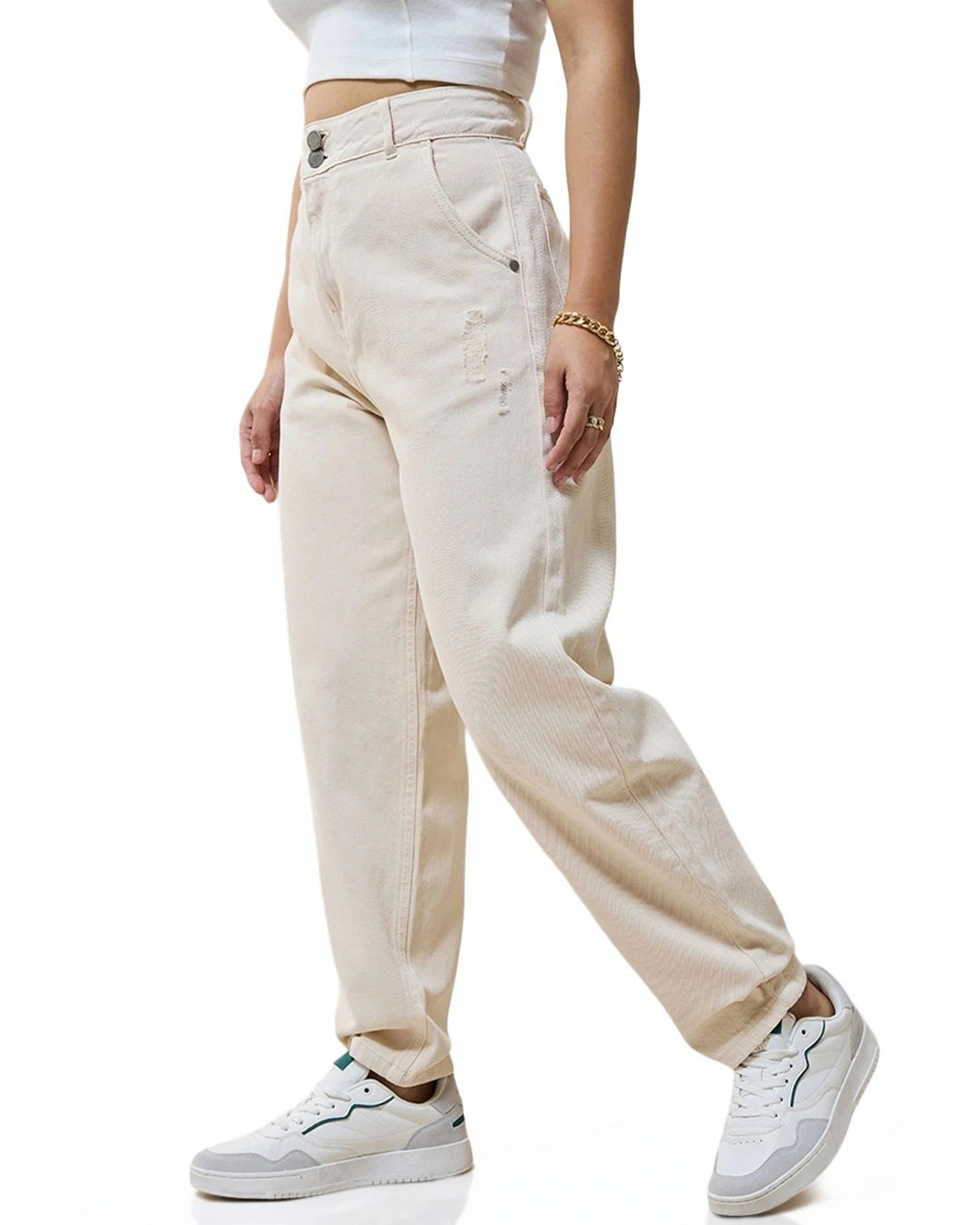 Women's Beige Baggy Tapered Fit Jeans