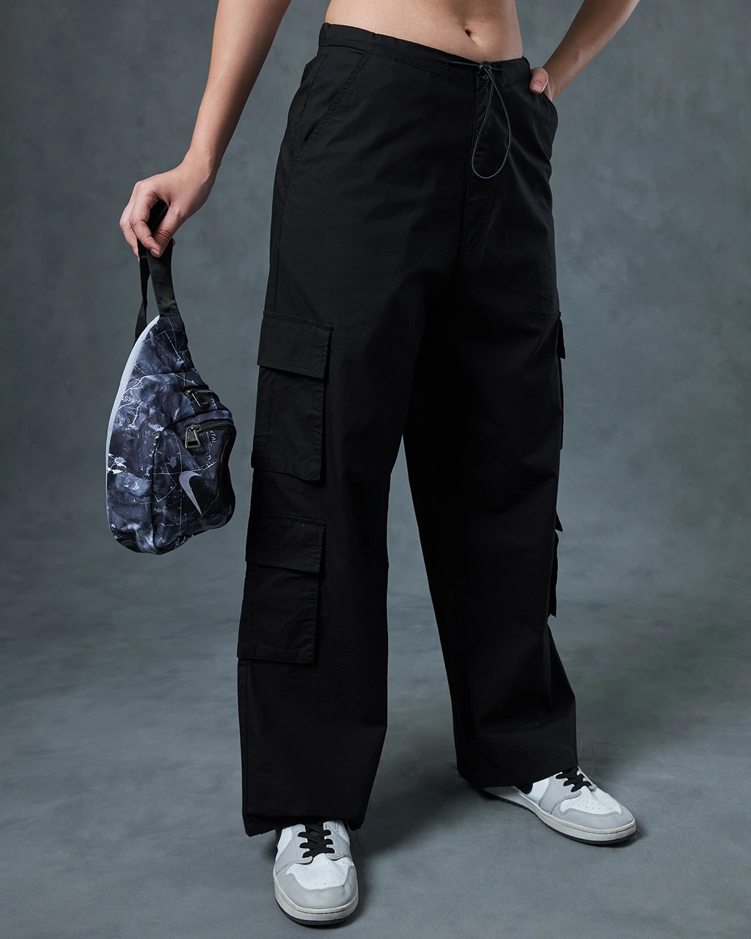 Women's Black Baggy Oversized Cargo Parachute Pants