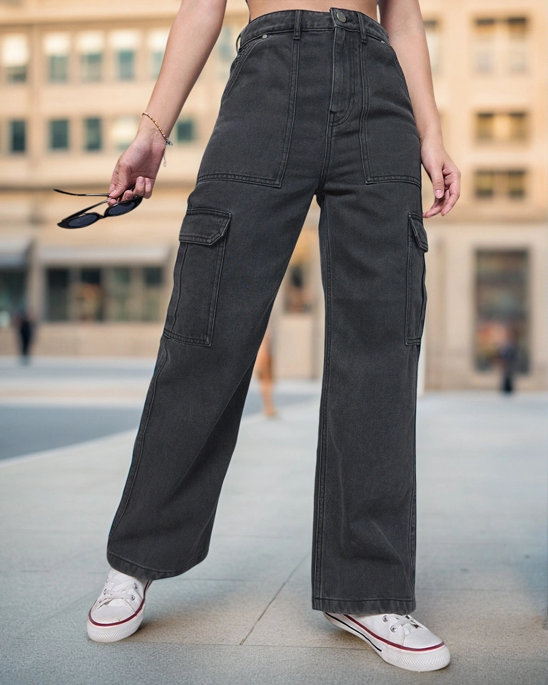 Women's Black Straight Fit Cargo Jeans