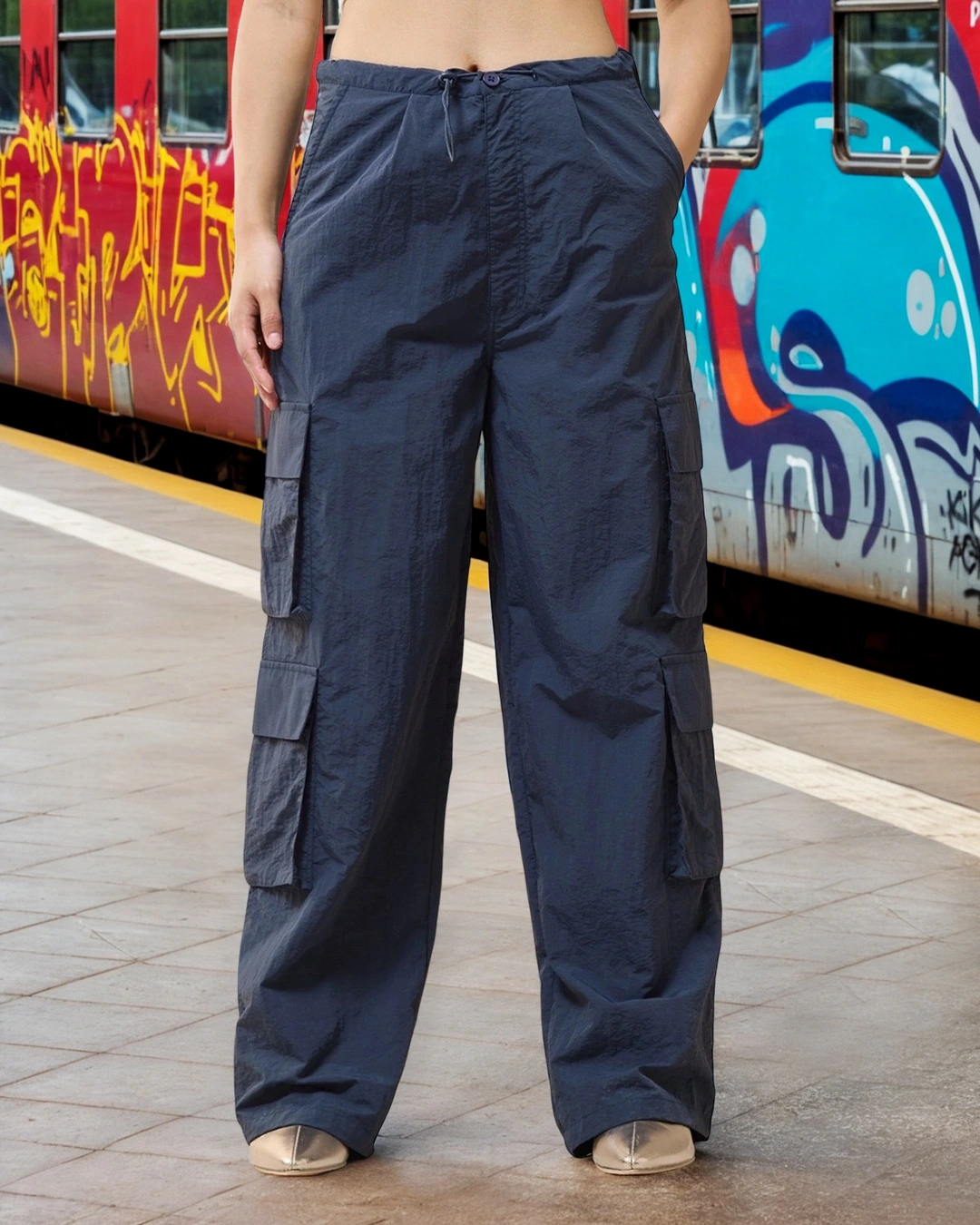 Women's Blue Baggy Oversized Cargo Parachute Pants