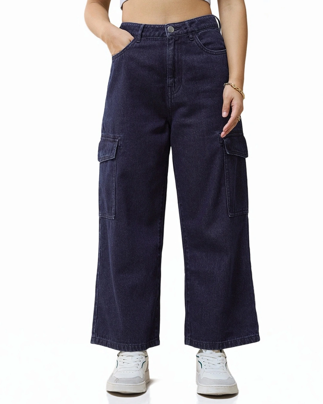 Women's Blue Baggy Stright Fit Cropped Cargo Jeans