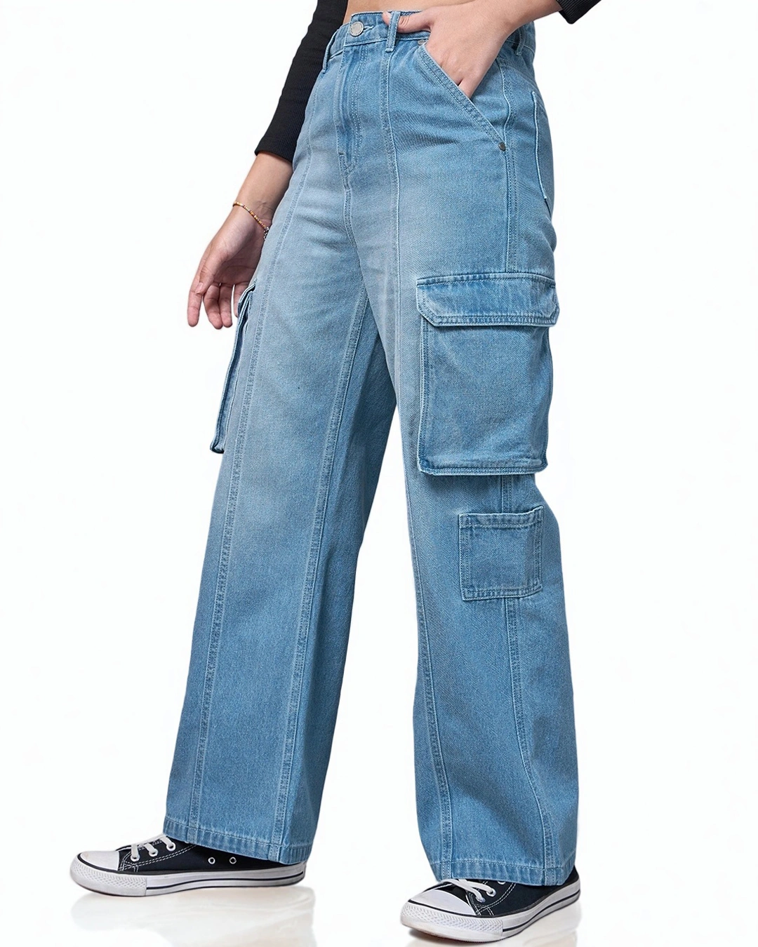 Women's Blue Washed Straight Fit Cargo Jeans