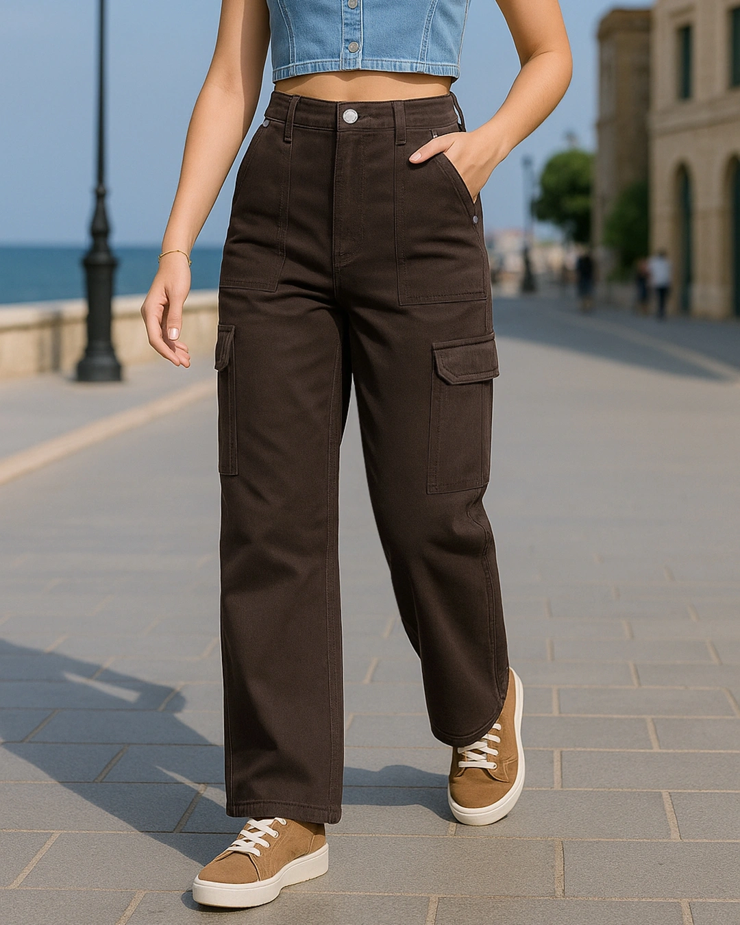 Women's Brown Straight Fit Cargo Jeans