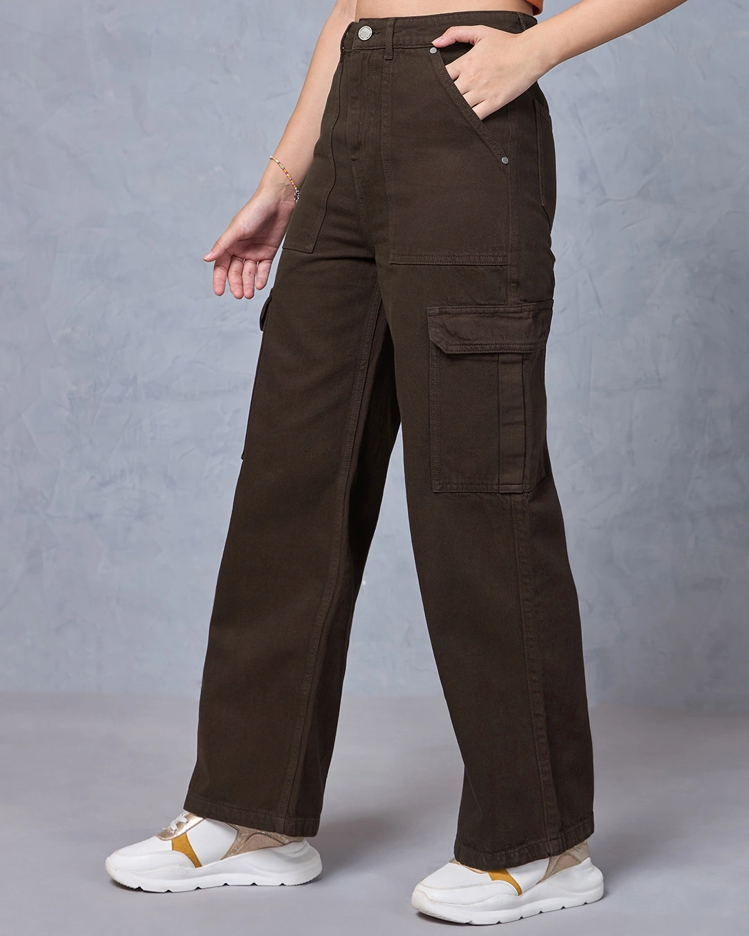 Women's Dark Brown Straight Fit Cargo Jeans
