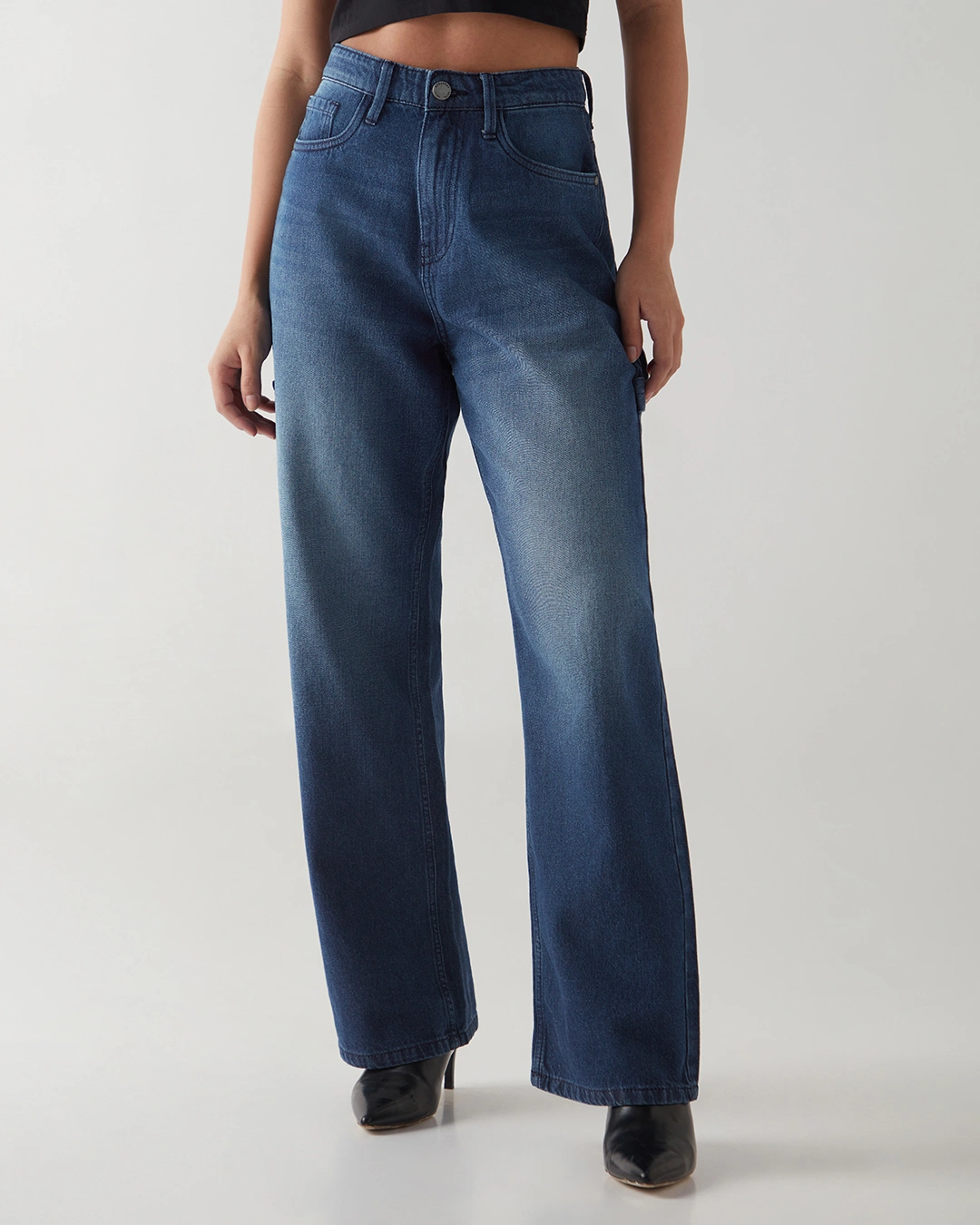 Women's Dark Blue Washed Wide Leg Carpenter Jeans