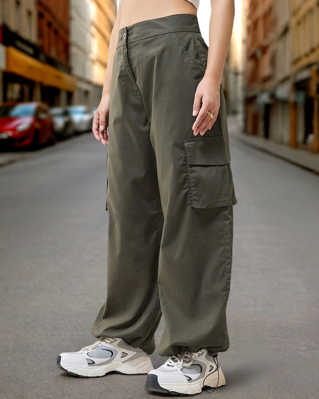 Women's Green Baggy Oversized Cargo Parachute Pants