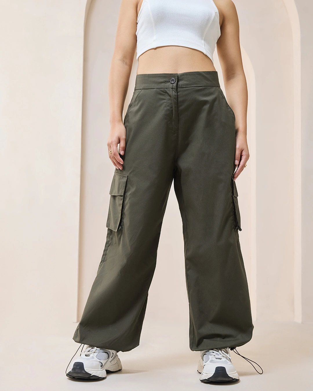 Women's Green Baggy Oversized Cargo Parachute Pants