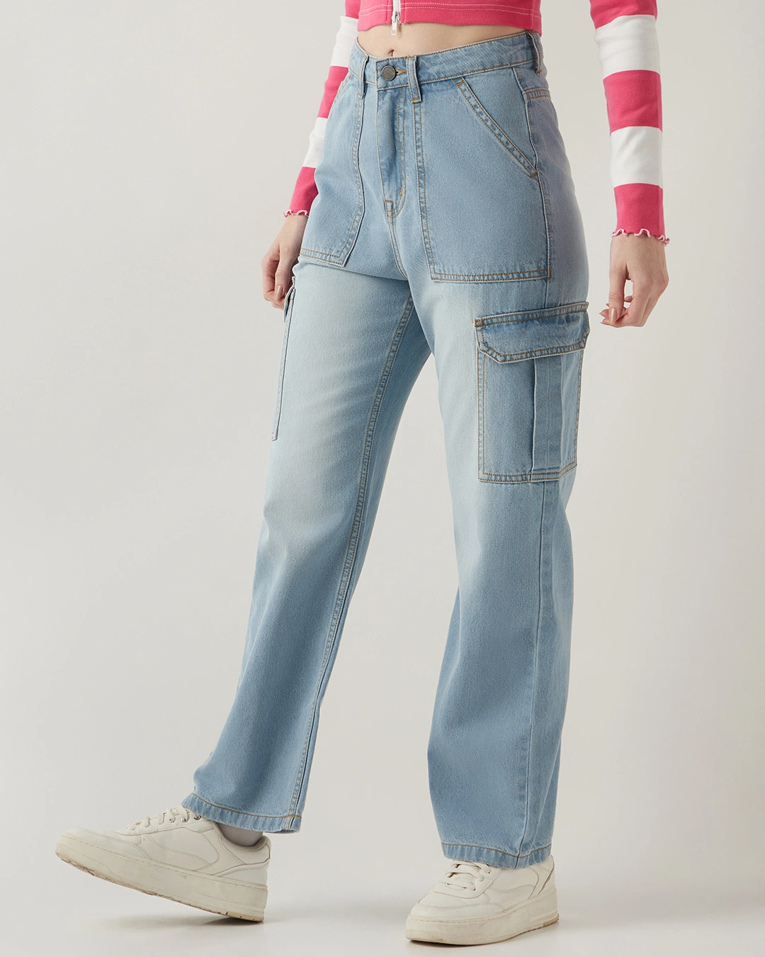 Women's Light Blue Washed Wide Leg Cargo Jeans